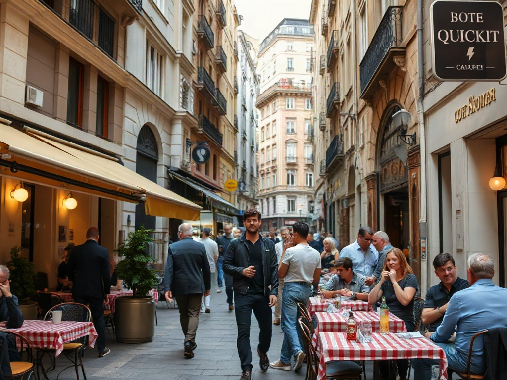Bustling city street with cafes and residents socializing