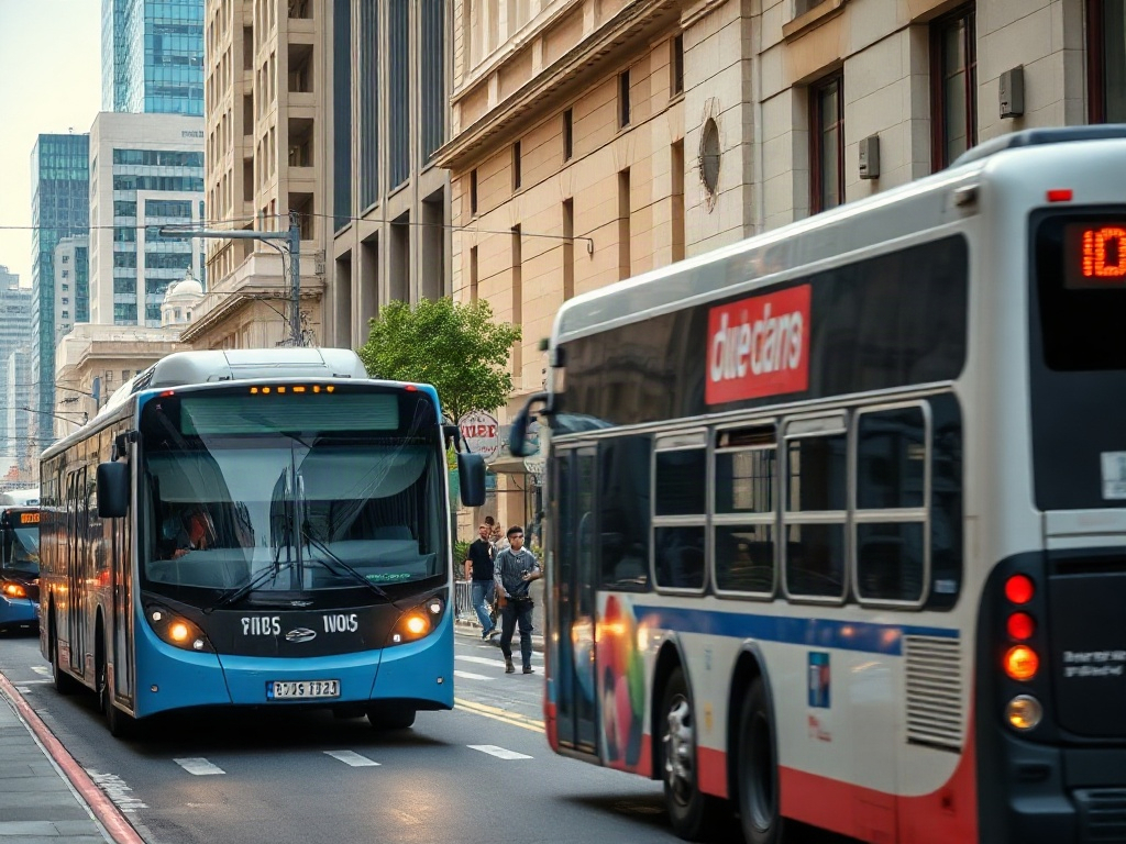 bustling city street with public transportation