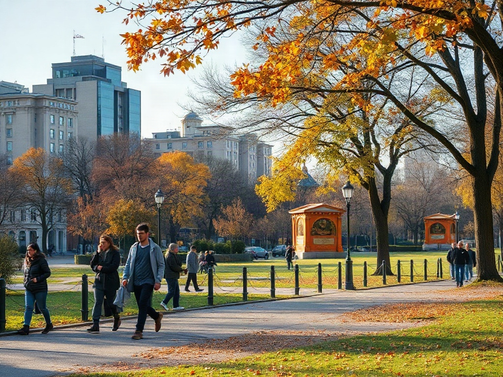 City park during autumn with people enjoying outdoor activities