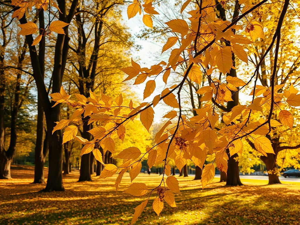 Golden autumn leaves in a park
