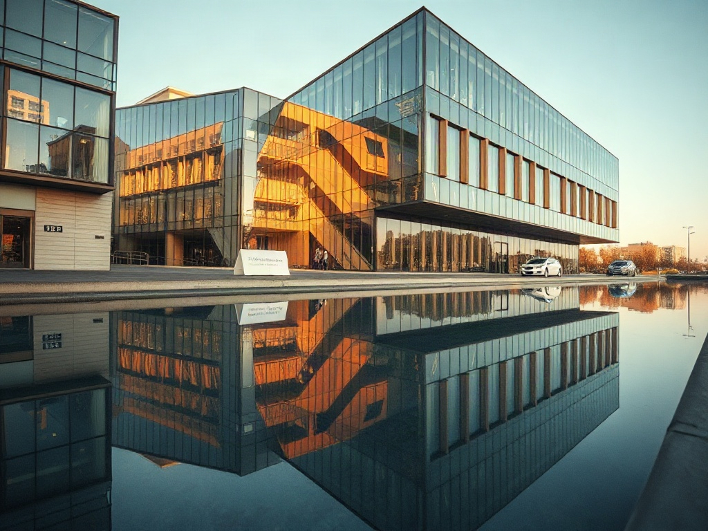 Modern architecture reflecting in water