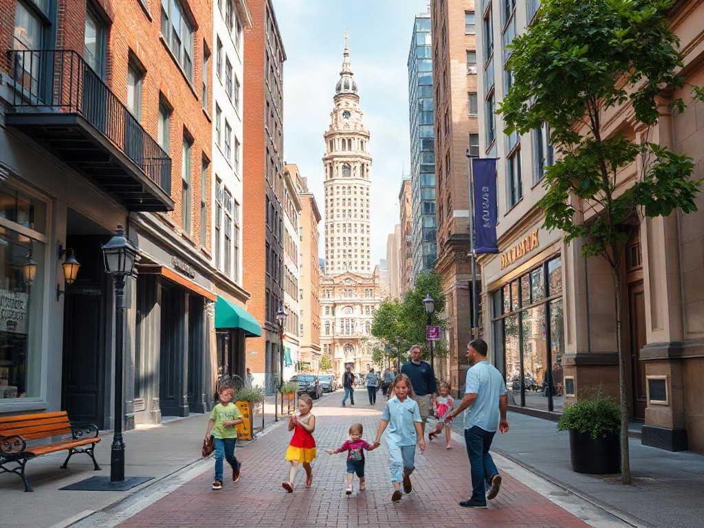 Vibrant city streets with family-friendly amenities
